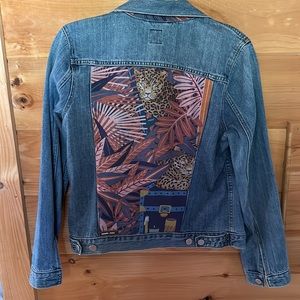 Revelry Denim Jacket, custom with Hermes scarf detail on back, cuffs, and collar